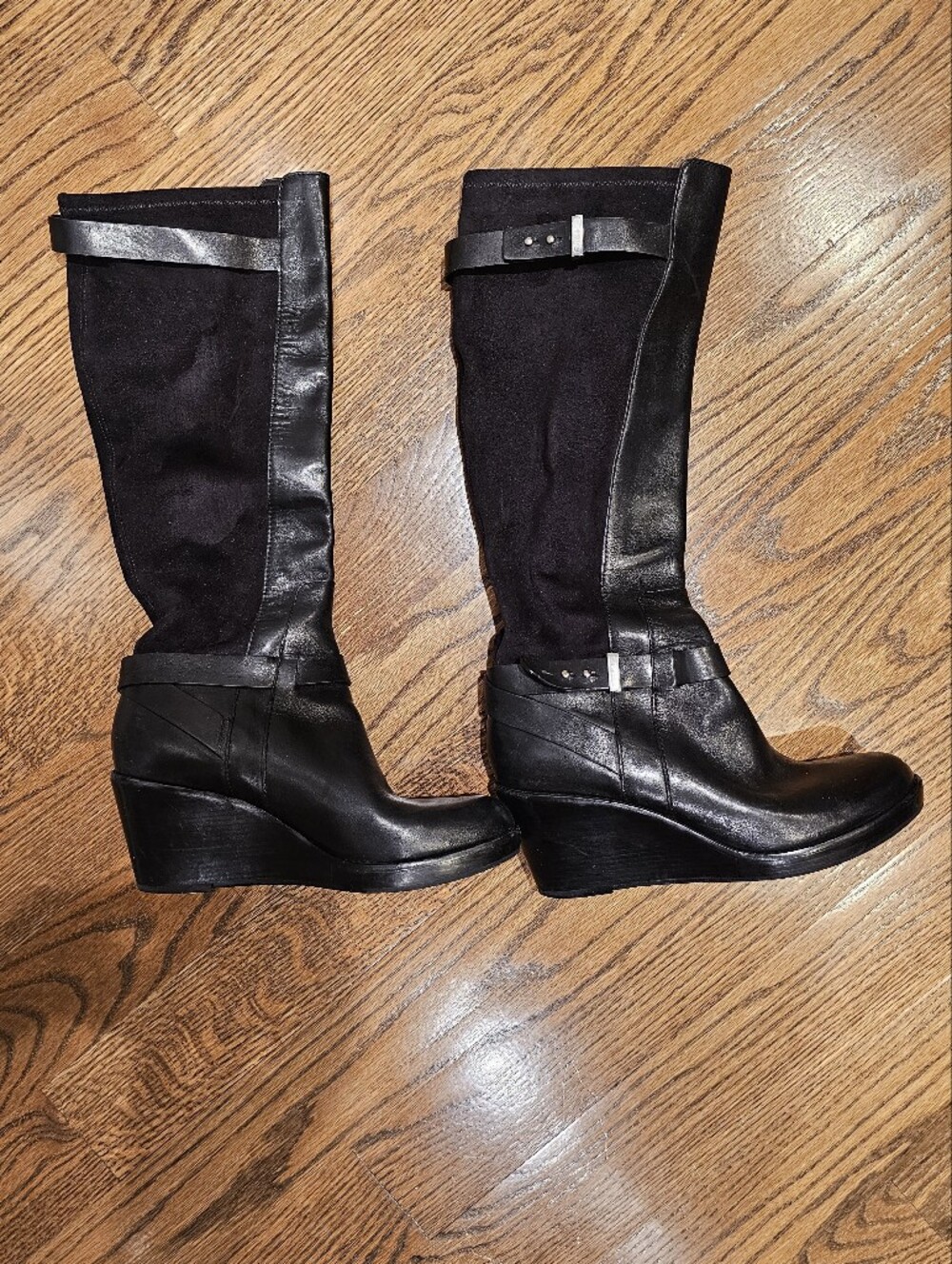 Cole Haan Black Leather and Suede Knee-High Wedge Boots